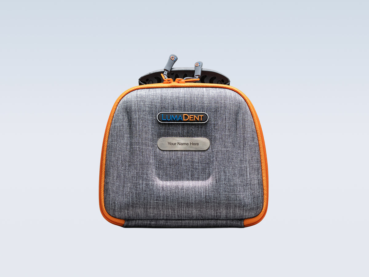 Grey and orange LumaDent protective case for loupes