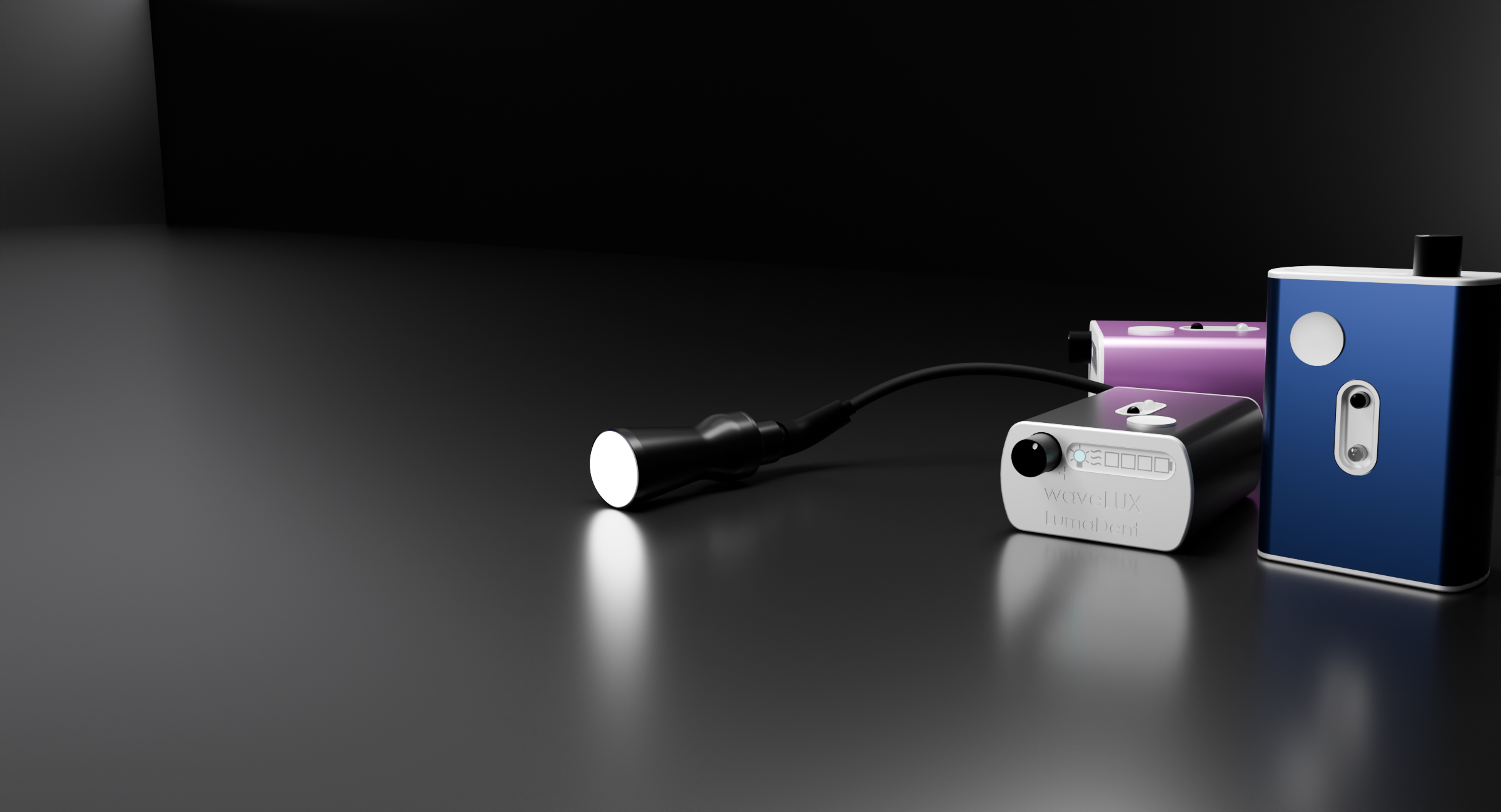 Wavelux batteries in black, grey, and purple; lumadent.