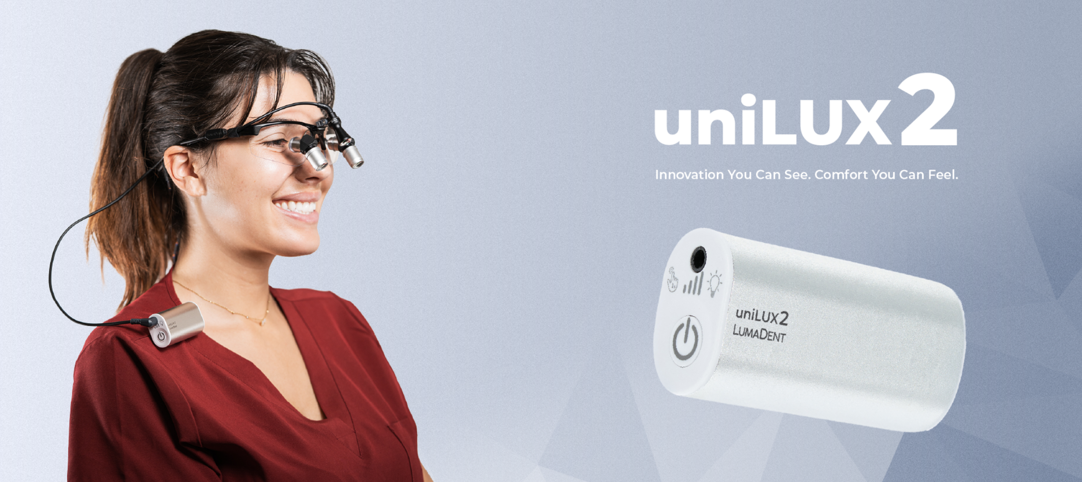 LumaDent uniLUX2 dental headlight mounted on ergonomic loupes with lightweight battery pack and bright LED illumination for clinical procedures.