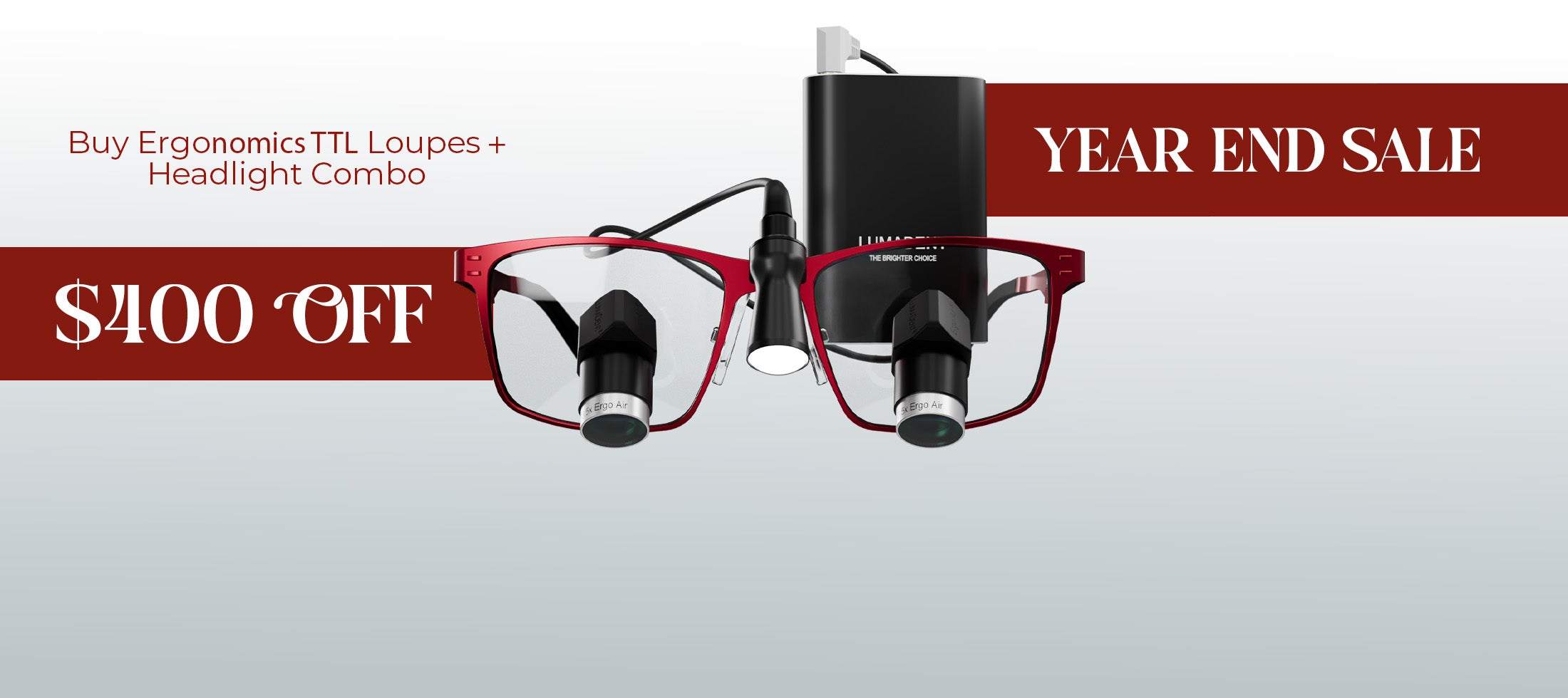 Ergonomic TTL Loupes with headlight combo on a gray background, featuring a year-end sale banner.