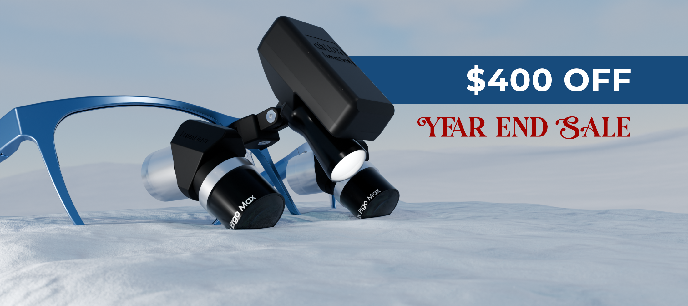 Glasses with black temple tips on a snowy background with a year-end sale banner.